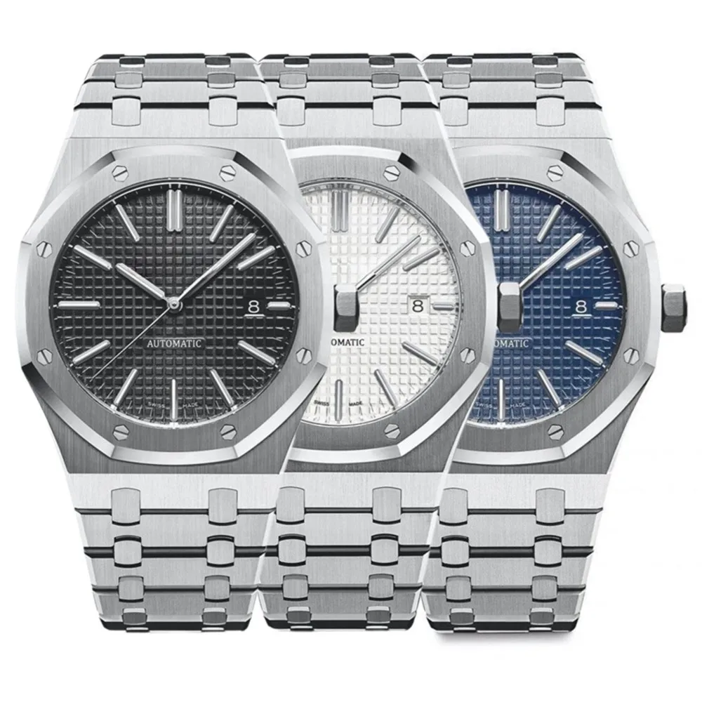 41 مللي متر الرجال اليابان حركة الفولاذ المقاوم للصدأ ساعة مصمم شعار العلامة التجارية الفاخرة مقاوم للماء التلقائي 15400 ساعات المعصم الميكانيكية