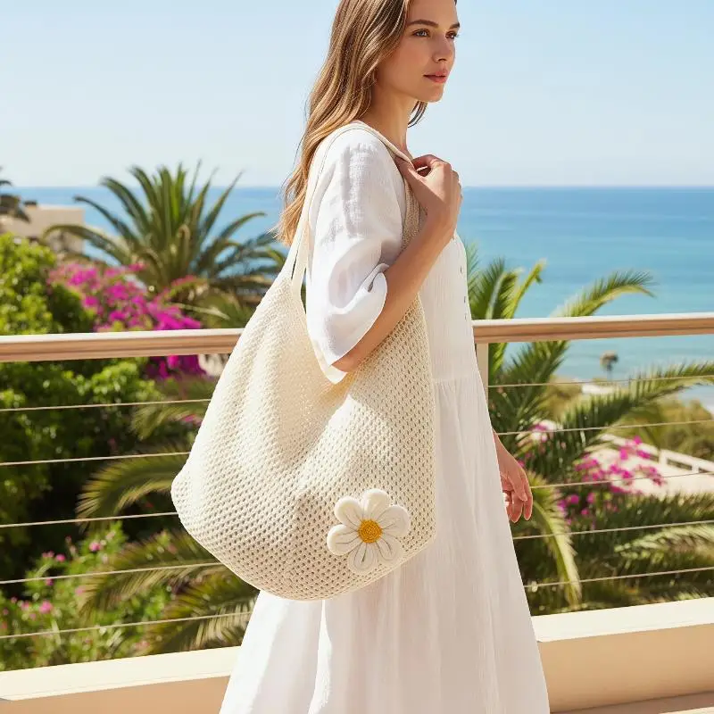 

1Pcs Handmade Crochet Shoulder Bag With Flower Decor Hollow Out Knit Tote Bag Large Capacity Casual Handbag For Daily Shopping
