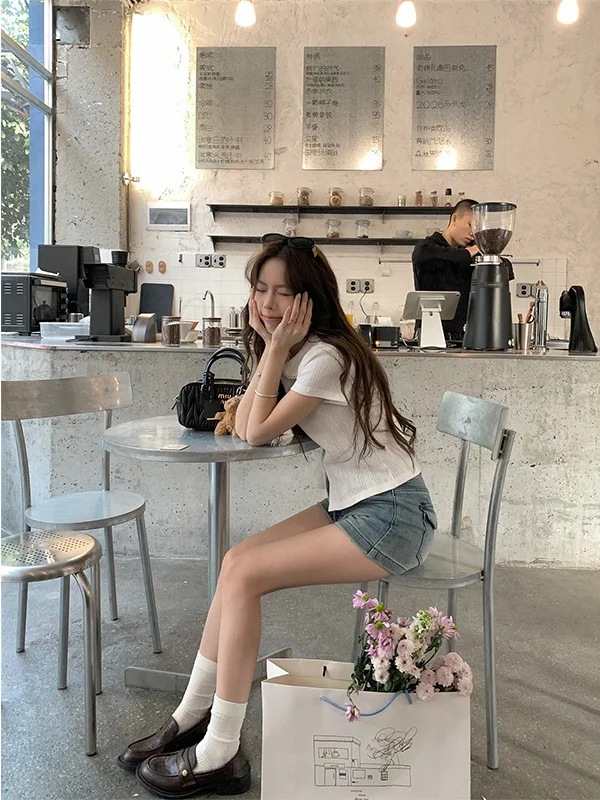 Sweet Style Ruffle Collar Short Sleeve T-Shirt Women's Summer New Hollow out Design Sensation Top Breathable Polyester Material