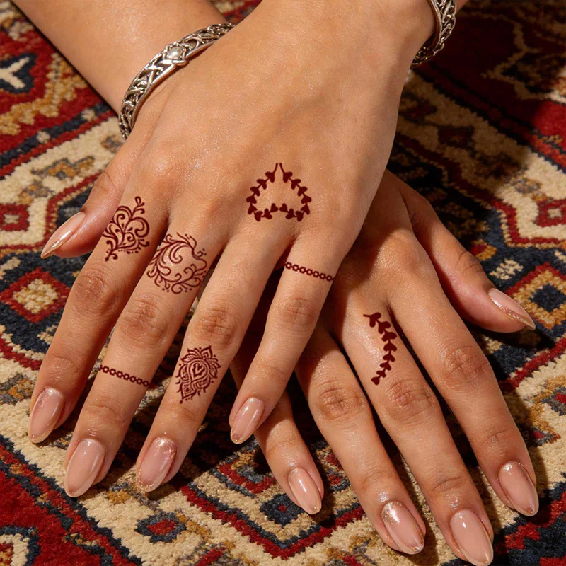 

6pcs Red henna tattoo sticker on the back of the finger and hand small pattern disposable temporary water transfer printing