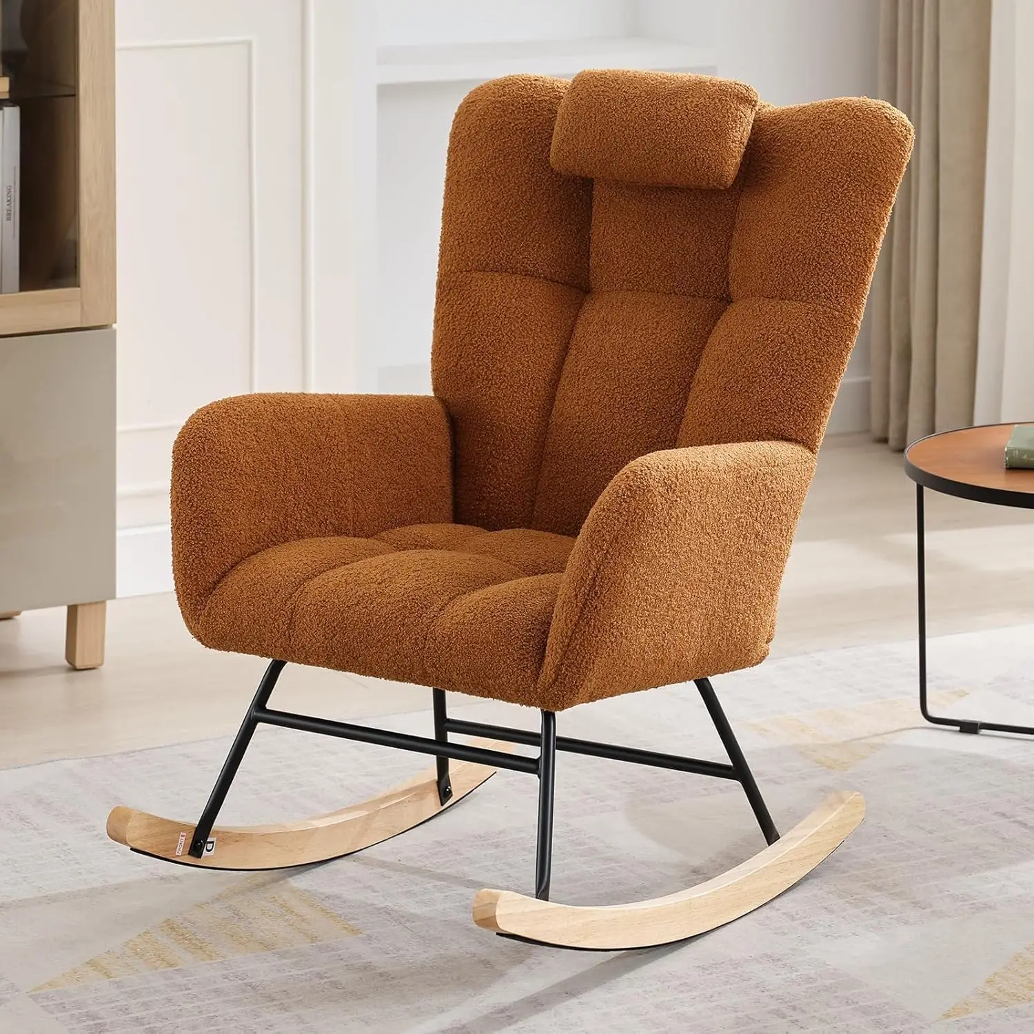 Fauteuil à bascule rembourré à dossier haut – Fauteuil à bascule moderne avec appui-tête, poche latérale et siège rembourré pour salon