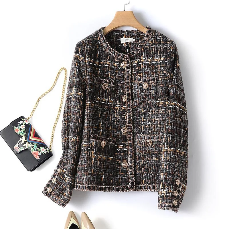 

Women's gray coarse woolen coat 2025 new autumn/winter small fragrant style round neck top