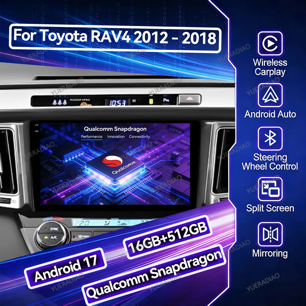 Autoradio Android 17 pour Toyota RAV4 4 XA40 5 XA50 2012 - 2018 GPS NAVI Qualcomm 4G WIFI Lecteur multimédia stéréo vidéo QLED BT