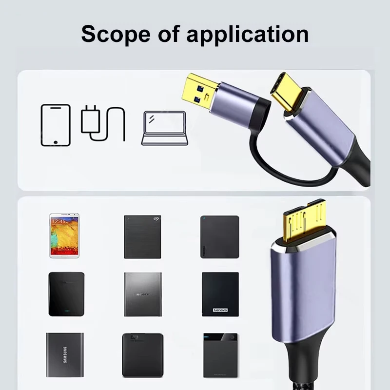 Type C USB 3.0 Type A to Micro B Cable Connector 5Gbps Data Cord for External Hard Drive 2 in 1 3A Charge for Samsung Note 3 S5