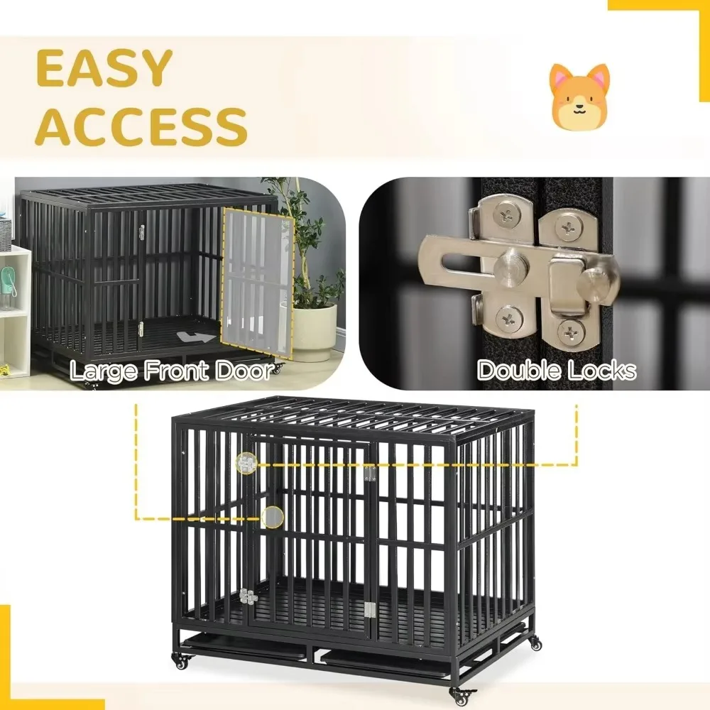 Heavy Duty Cage Metal Kennel & Caged Dog Playpen with Lockable Wheels, Slide-Out Tray, and Anti-Pinch Floor, 41