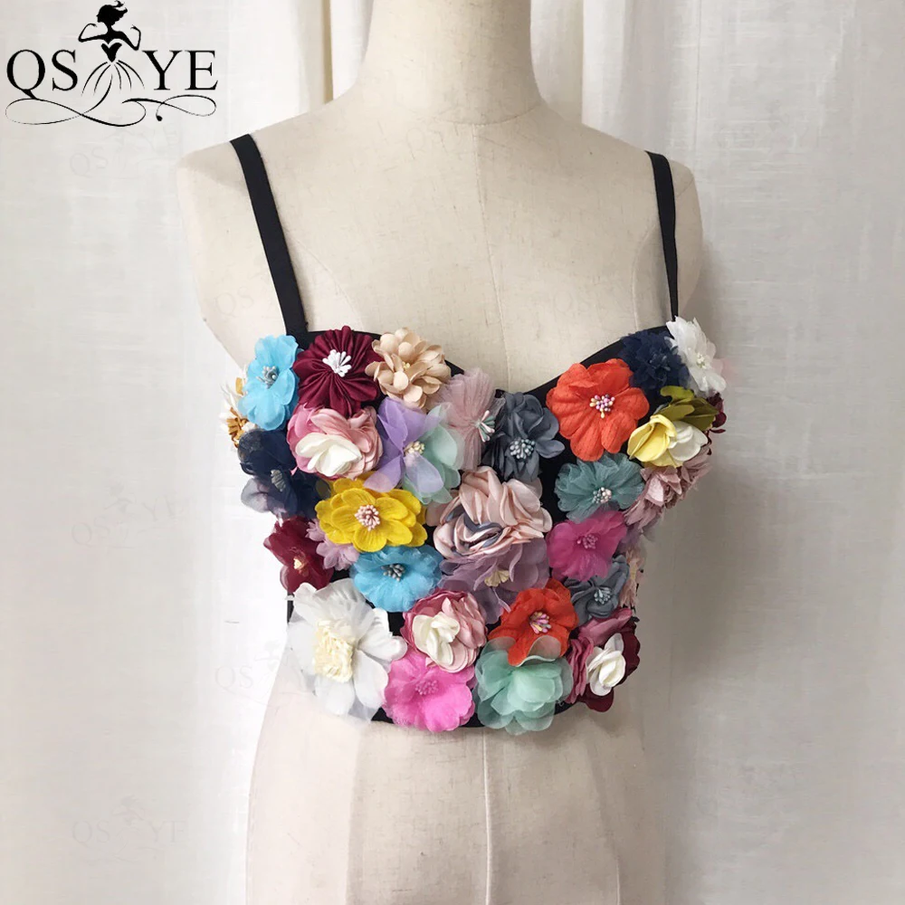 QSYYE 3D flowers Bodice Evening Dress Hand Made Women Sweetheart Crop Top Light Color Top Nightclub Navel Party Gown Zipper Up