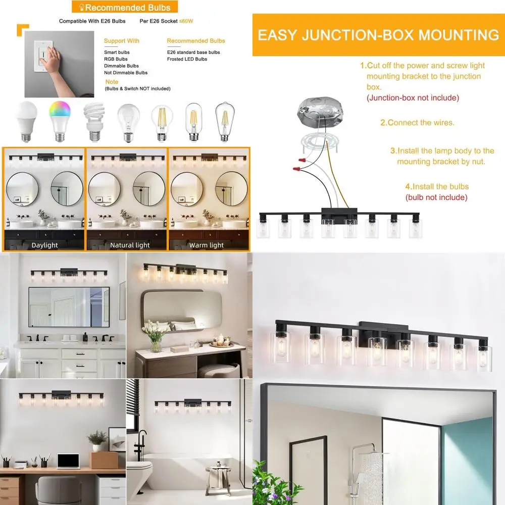 

8-Light Matte Black Vanity Light with Clear Glass Shades for Bathroom, Mirror, Bedroom, Living Room, and Wall Sconces