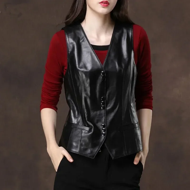 Vest Women's Spring Autumn New Short Sleeveless Imitation Sheep Leather Vest Leather Vest Jacket Top