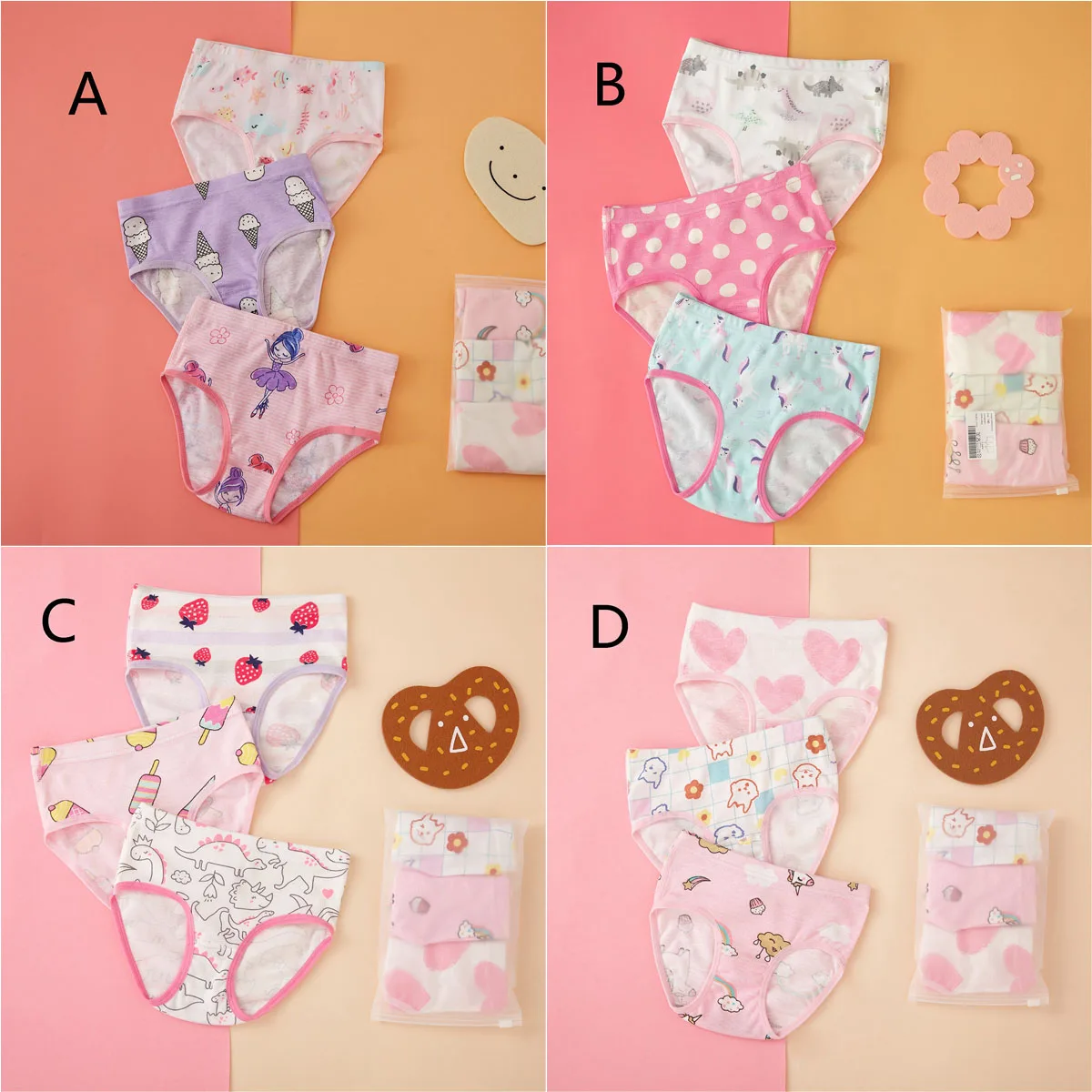 Wholesale 100Pakcs Girls Multipack Briefs Boxers IceCream Strawberry Heart Print Kids Trunk Child Cotton Pants Student Underwear