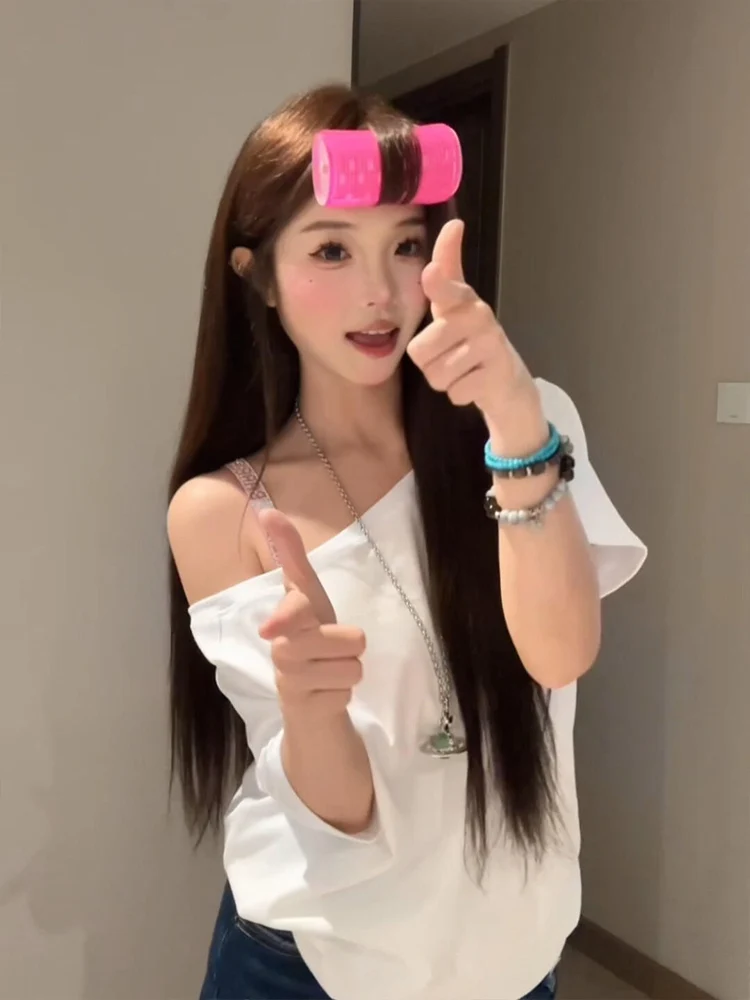 تي شيرت نسائي صيفي أبيض من القطن الخالص بأكمام قصيرة وتصميم أنيق مريح وفضفاض