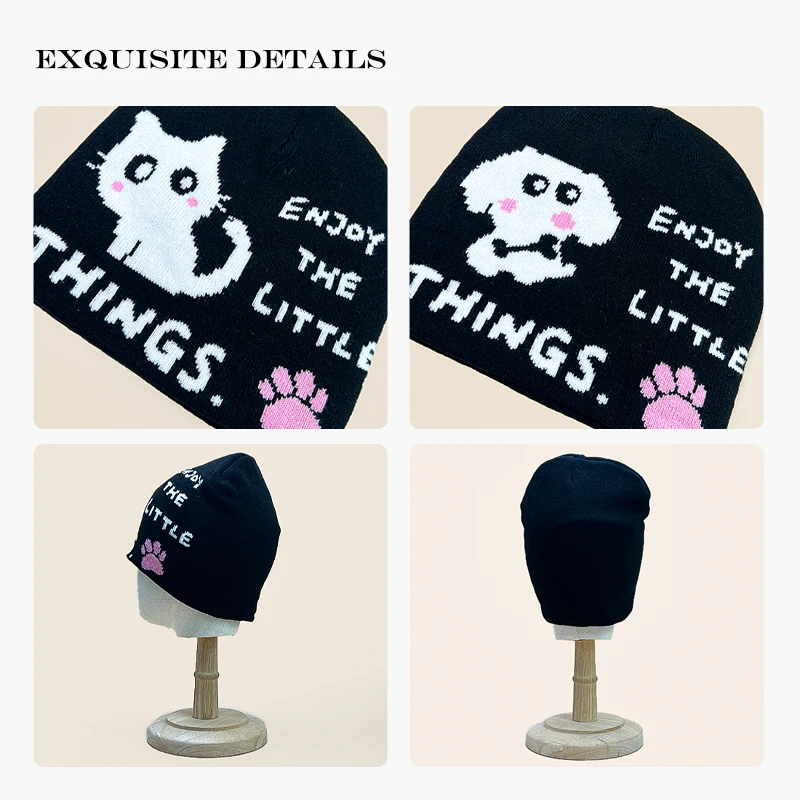 따뜻한 캐주얼 패션 야외 비니 귀여운 다용도 한국 신상 남녀 공용 만화 자카드 고양이 강아지 발자국 글자 니트 모자
