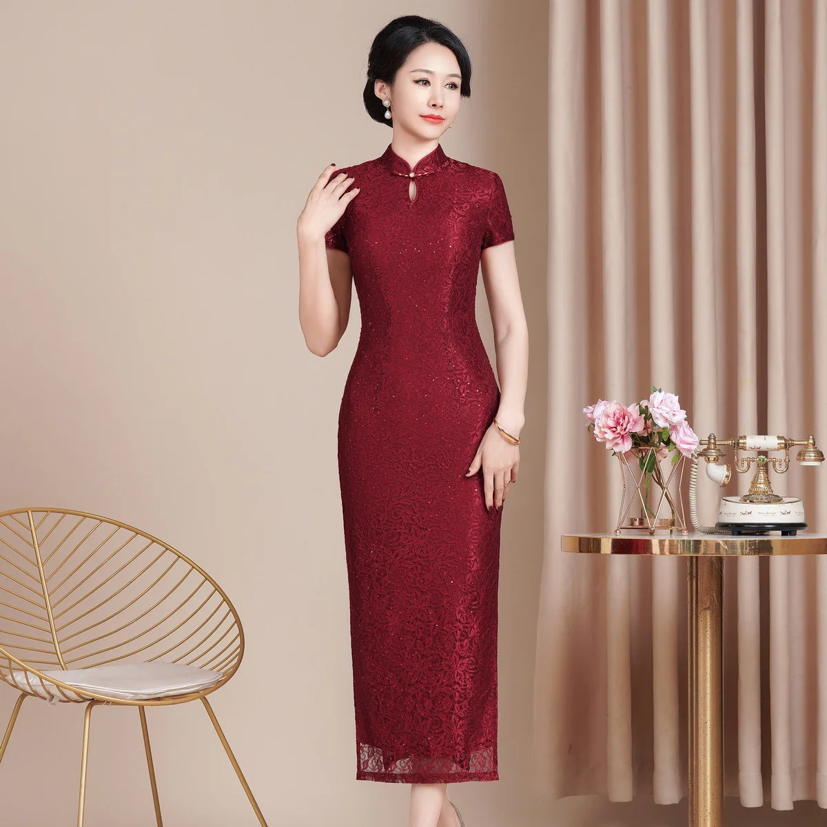 

Традиционное китайское платье-ципао Yourqipao с коротким рукавом, бордовое, с пайетками, длинное, для выпускного вечера, женское, для выступлений