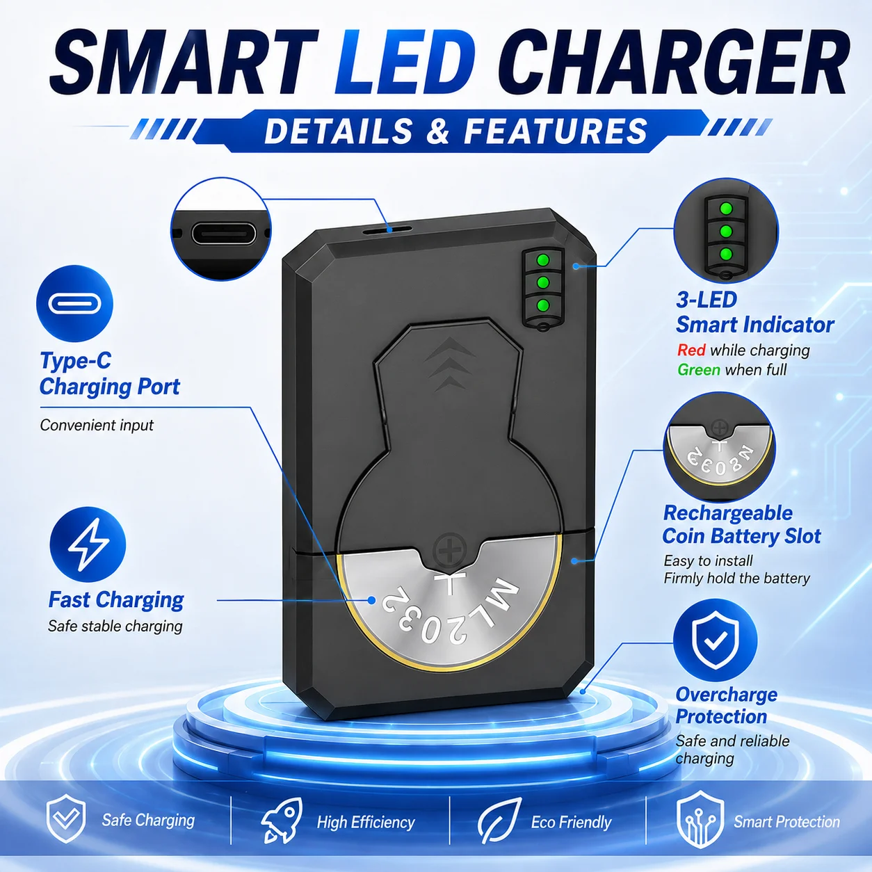 ML2032 ML1220 ML2016 ML2020 Rechargeable Coin Cell Battery Charger Smart LED Indicator 3V Lithium Button Battery Fast Charger