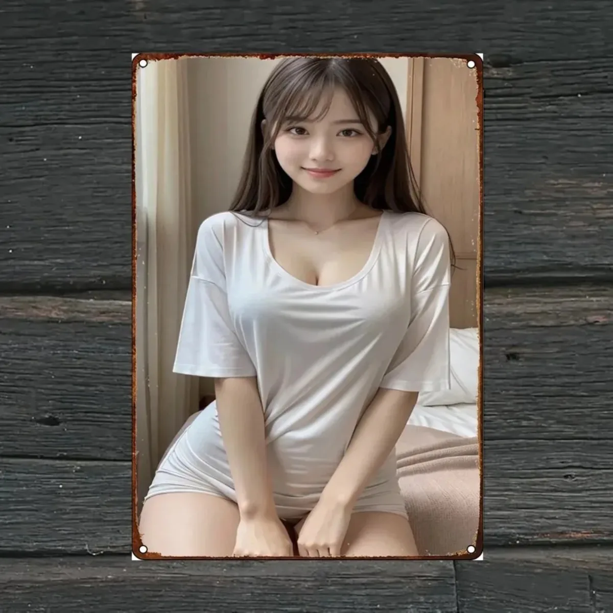 Vintage Sweet Asian Woman with Long Brown Hair & Bangs Metal Tin Sign - Retro Cozy Girl in White Loose Short Sleeve Loungewear R