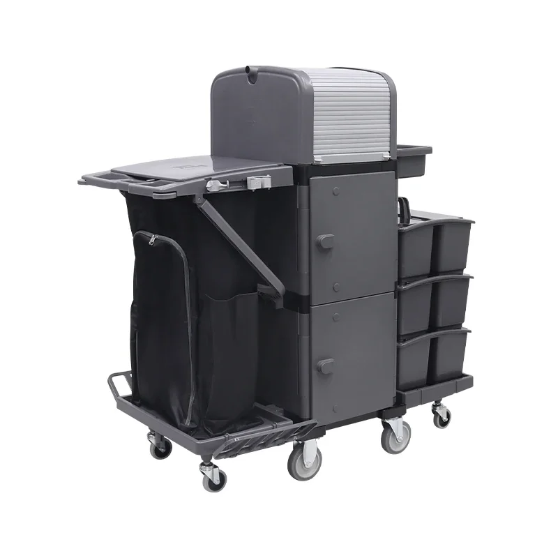 Color Coding System Professional Janitor Truck Cleaning Trolley With Plastic Buckets For Office Building