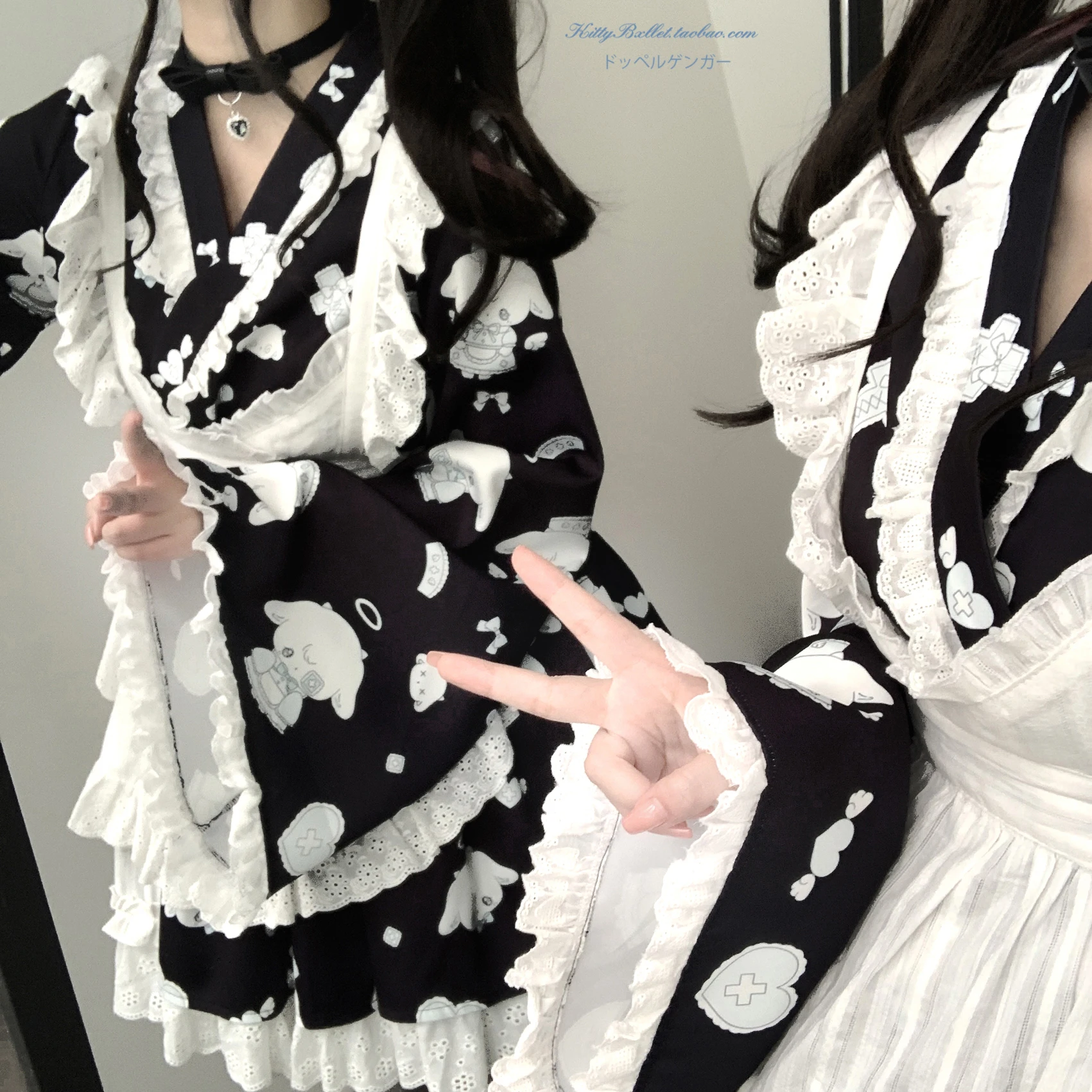 New 2024 Spring and Summer Female Girls Sweet Cute Lace Water Color Printed Kimono Top  Apron and Skirt 3 Piece Set Outfits