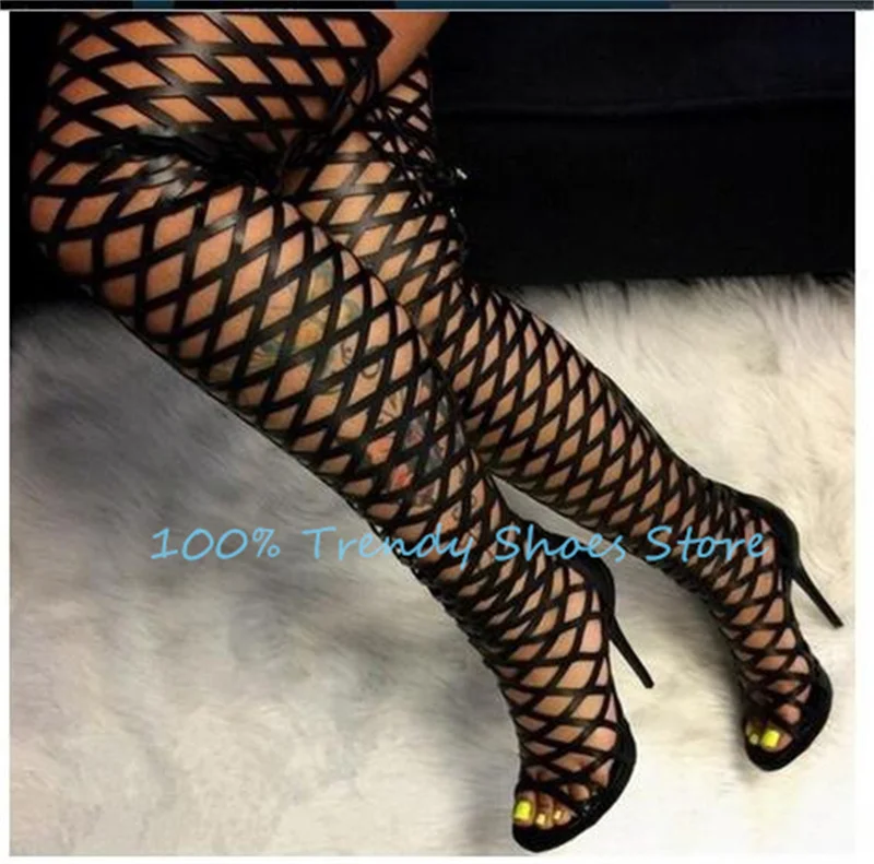 

Fashion Narrow Band Hollow-Out Summer Cool Boots Women Sexy Peep Toe Over-The-Knee Long Boots Lady Zipper Gladiator Shoes