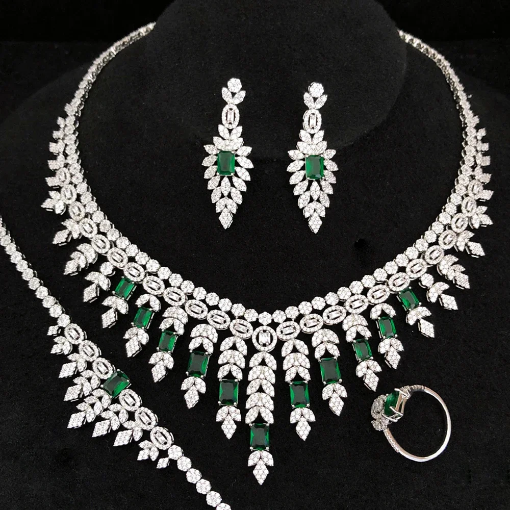 

Soramoore 4PCS Luxury Green Mixed Big Statement Jewelry Set For Women Wedding Cubic Zircon CZ African Dubai Bridal Sets Hot