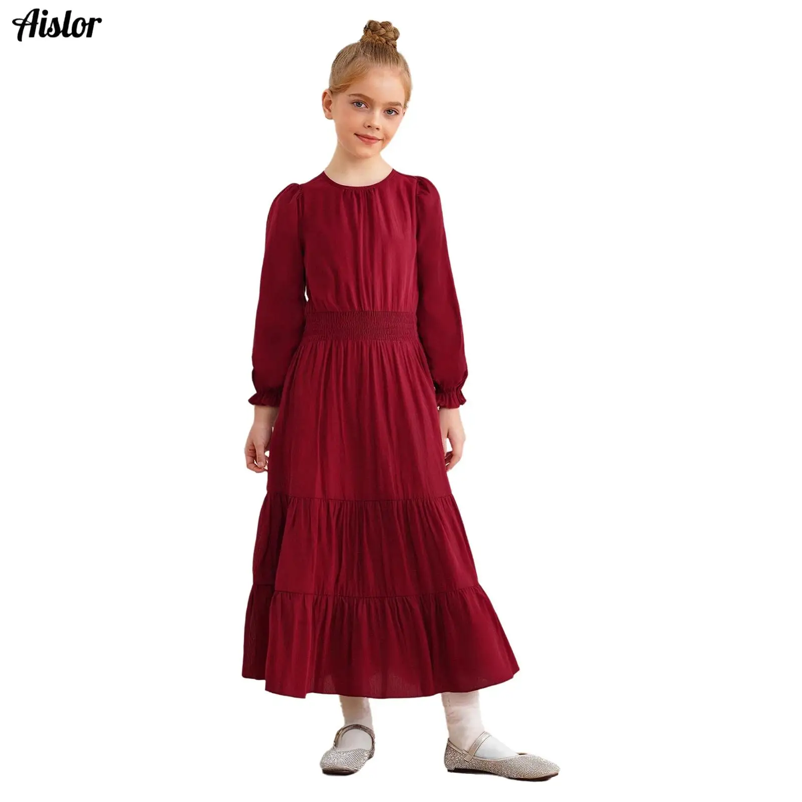 

Kids Girls Dress Spring Autumn Round Neck Long Puff Sleeves Smocked Waist Tiered Ruffled Maxi Dress for Wedding Birthday Party