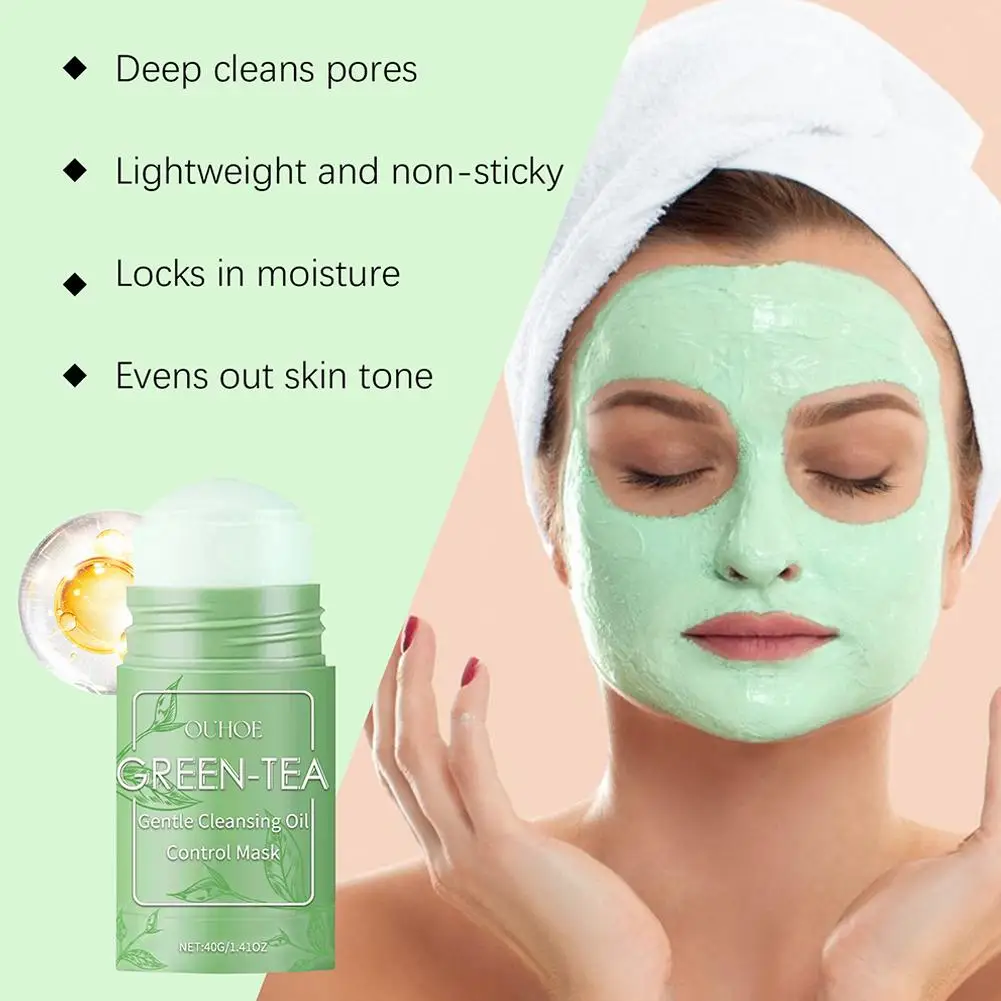 Mascarilla facial de limpieza profunda, máscara facial de té verde, palo de limpieza, untar acné, encoger puntos negros, película de limpieza profunda de poros, 40g