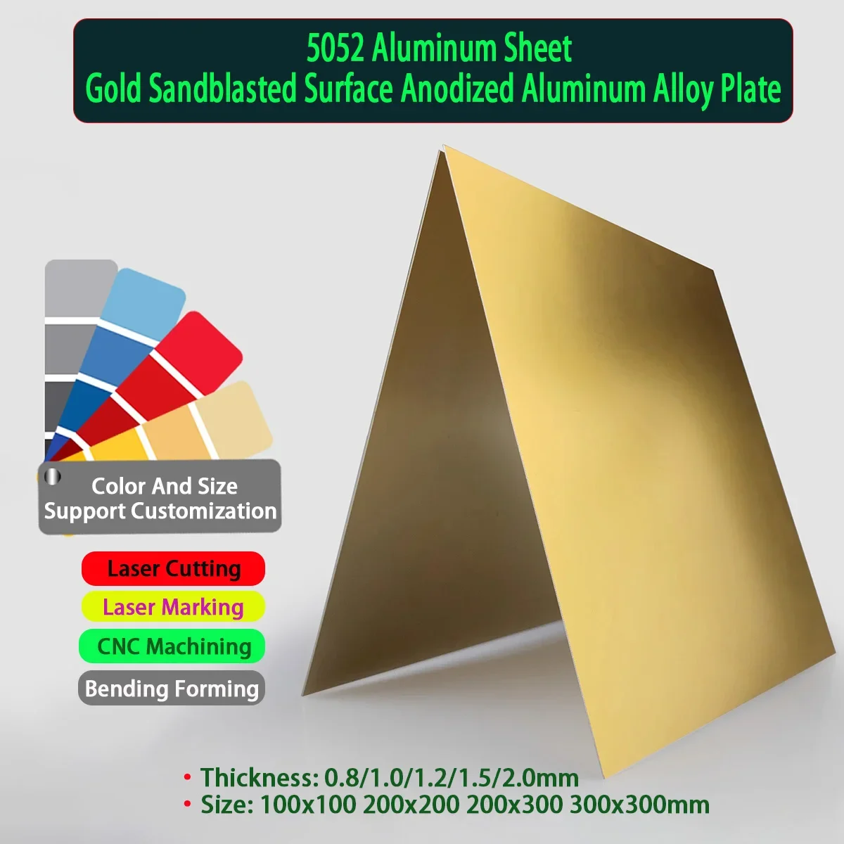 

5052 Aluminum Sheet Gold Sandblasted Surface Anodized Aluminum Alloy Plate Thick 0.8-2mm Size100x100 200x200 200x300 300x300mm