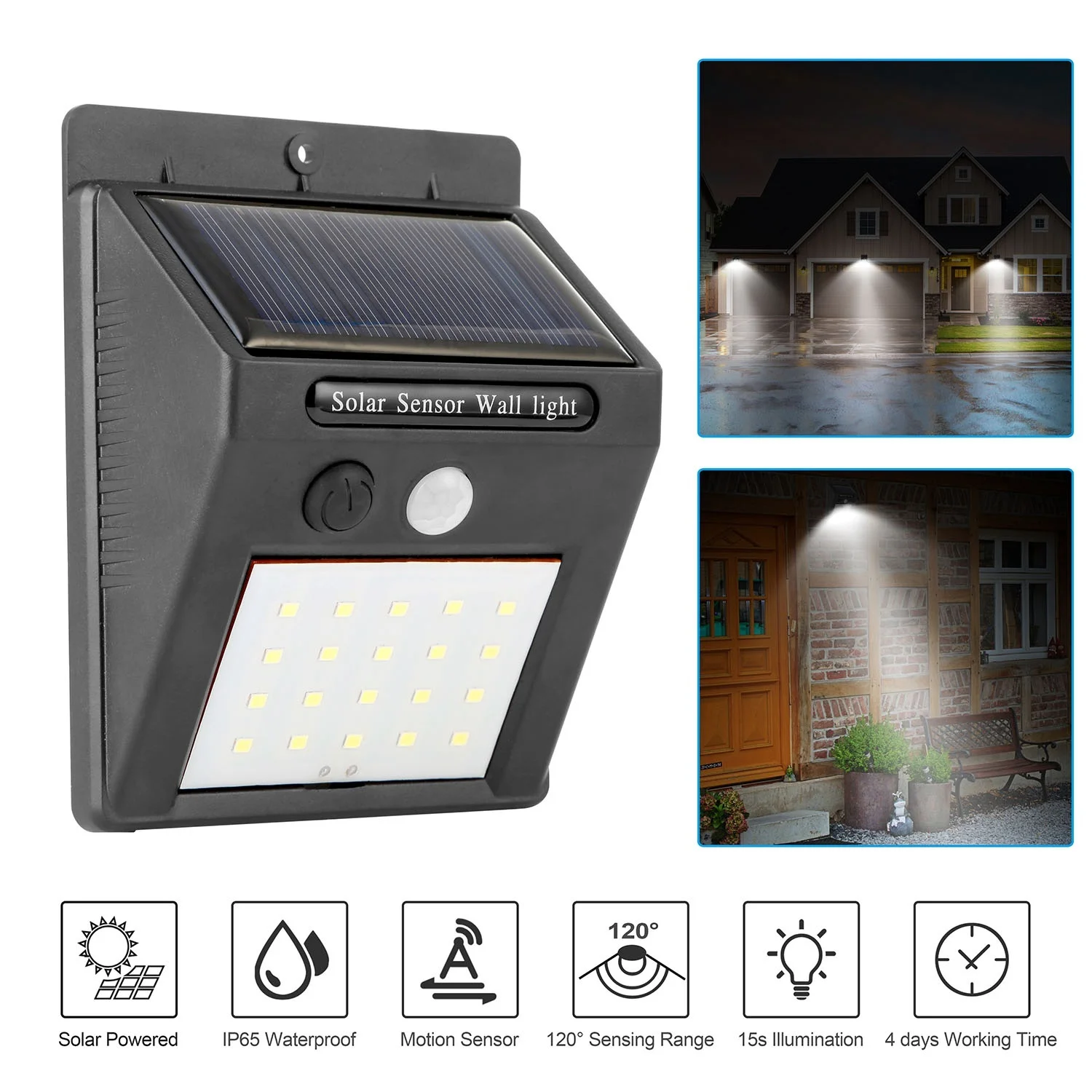 1‑Pc 20‑LED Solar Security Light, Wireless Outdoor PIR Motion Sensor IP65 Waterproof, 120° Wide‑Angle Detection for Garage Front Door Garden Pathway
