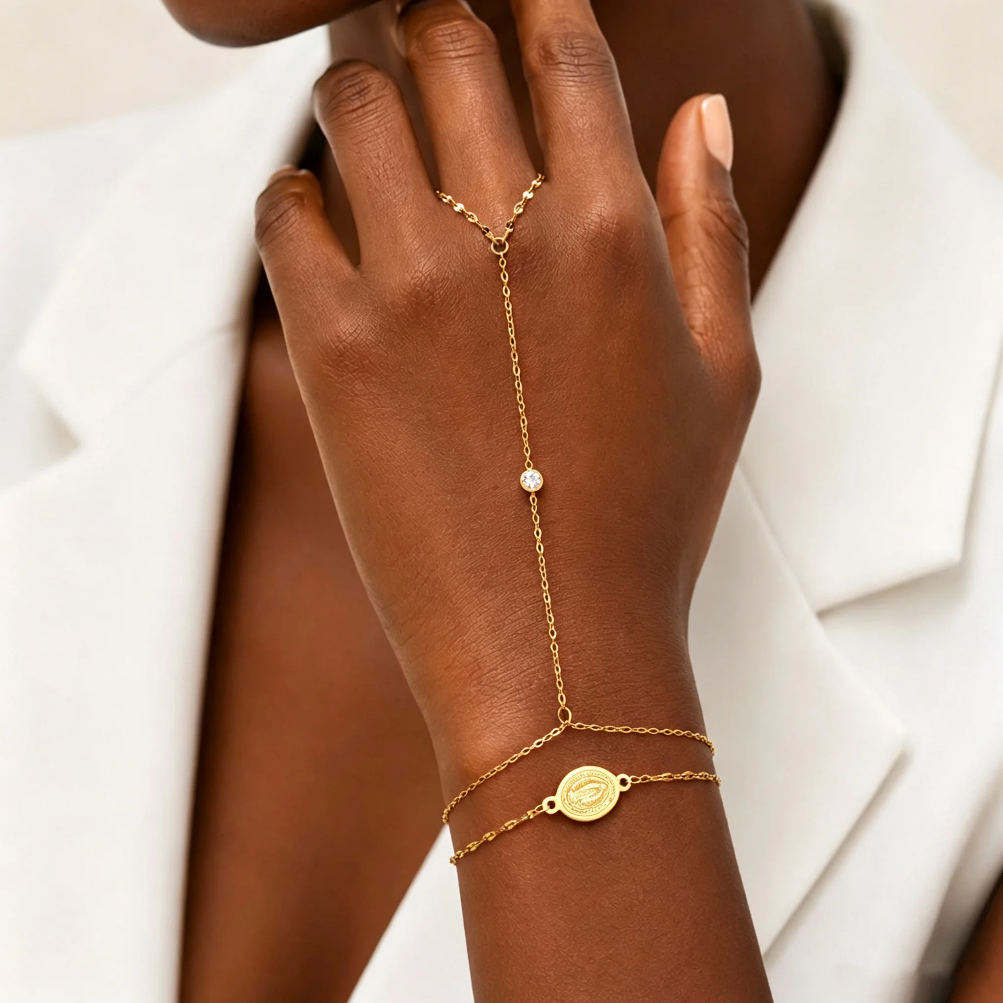 Double Layer Virgin Mary Charm Finger Chain Bracelet for Women, 18K Gold Plated Stainless Steel Thin Hand Chain Bracelet Jewelry