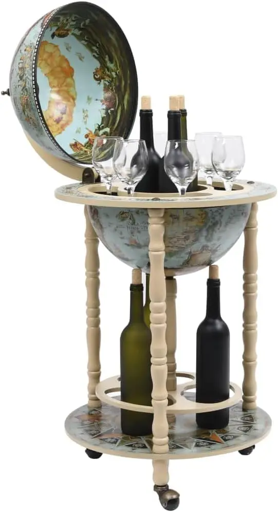 Freestanding Globe Bar Wind Stand Eucalyptus Wood Blue And White, Liquor Cabinet With Bottom Shelf, Replica Globe Bar Cabinet