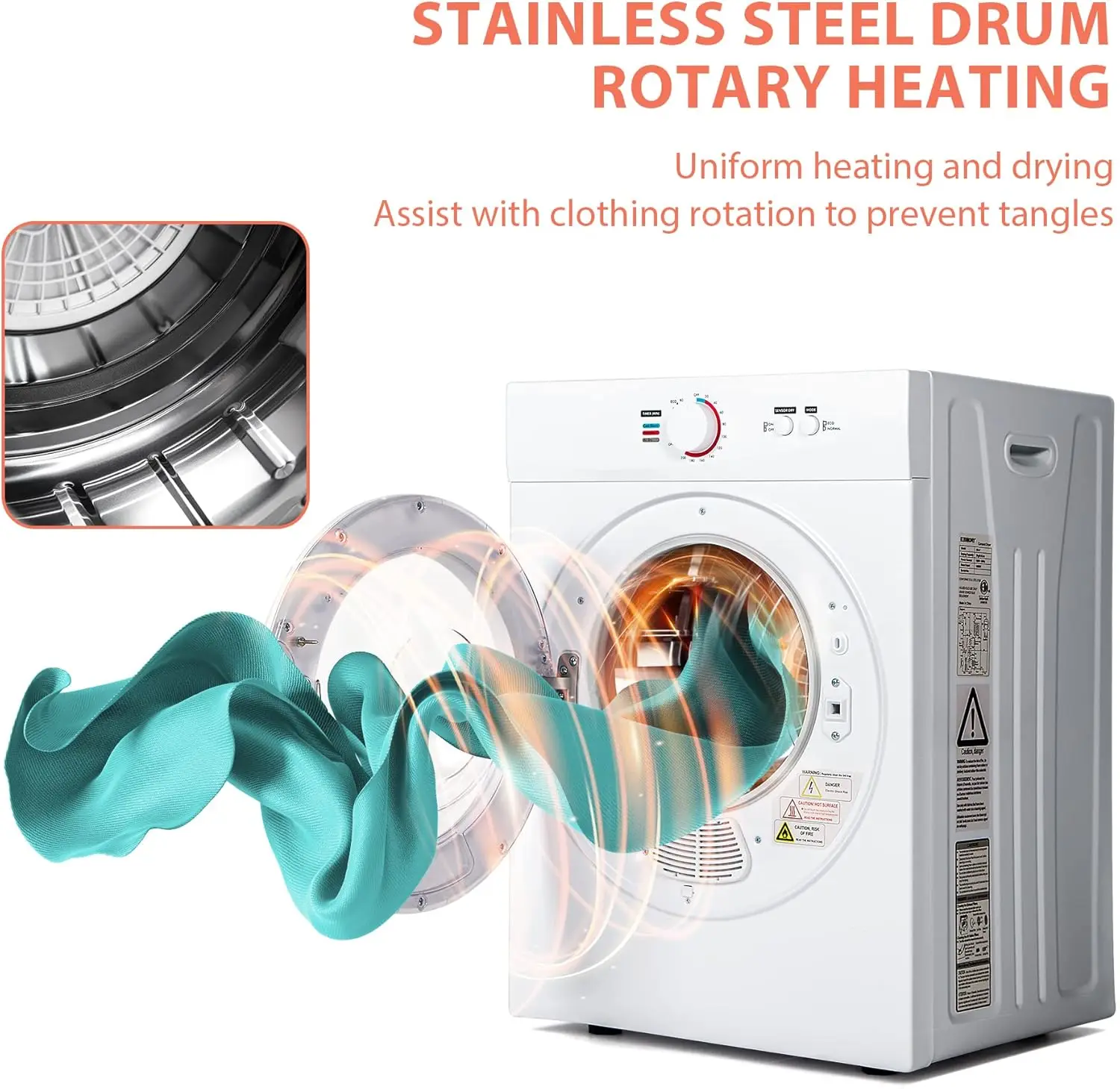 

Compact Dryer 1.8 cu. ft. Portable Clothes Dryers with Exhaust Duct with Stainless Steel Liner Four Function Small Dryer Machine