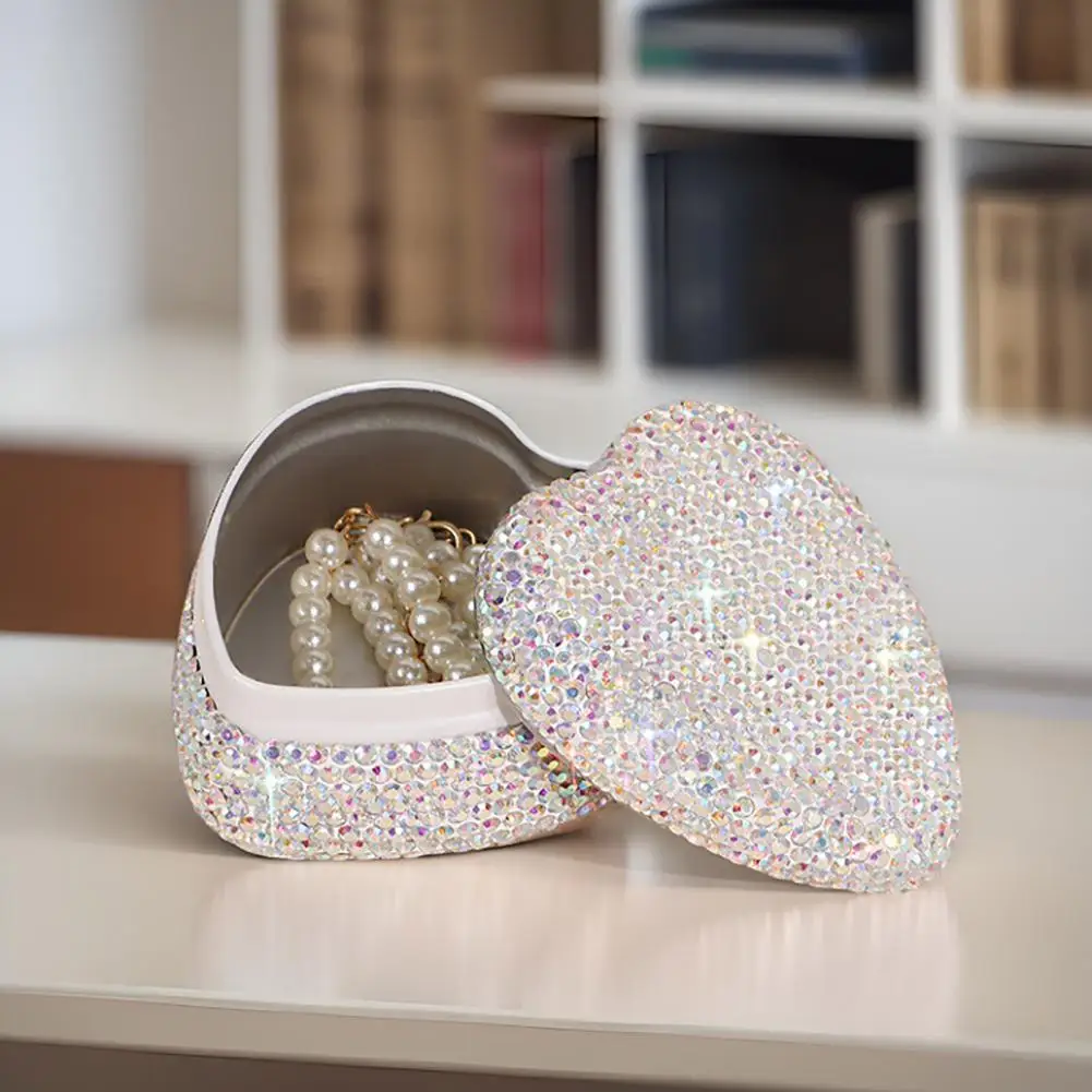 Earrings Necklace Box Compact Travel Case Sparkling Rhinestones Multipurpose Heart Shape Personalized Jewelry Box