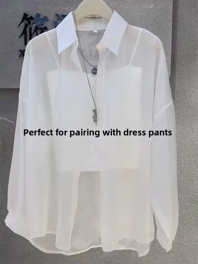 Women's Summer Thin Chiffon Sun Protection Shirt with Strap Vest Outerwear Cardigan Coat Spring Autumn Loose Style Long Sleeve