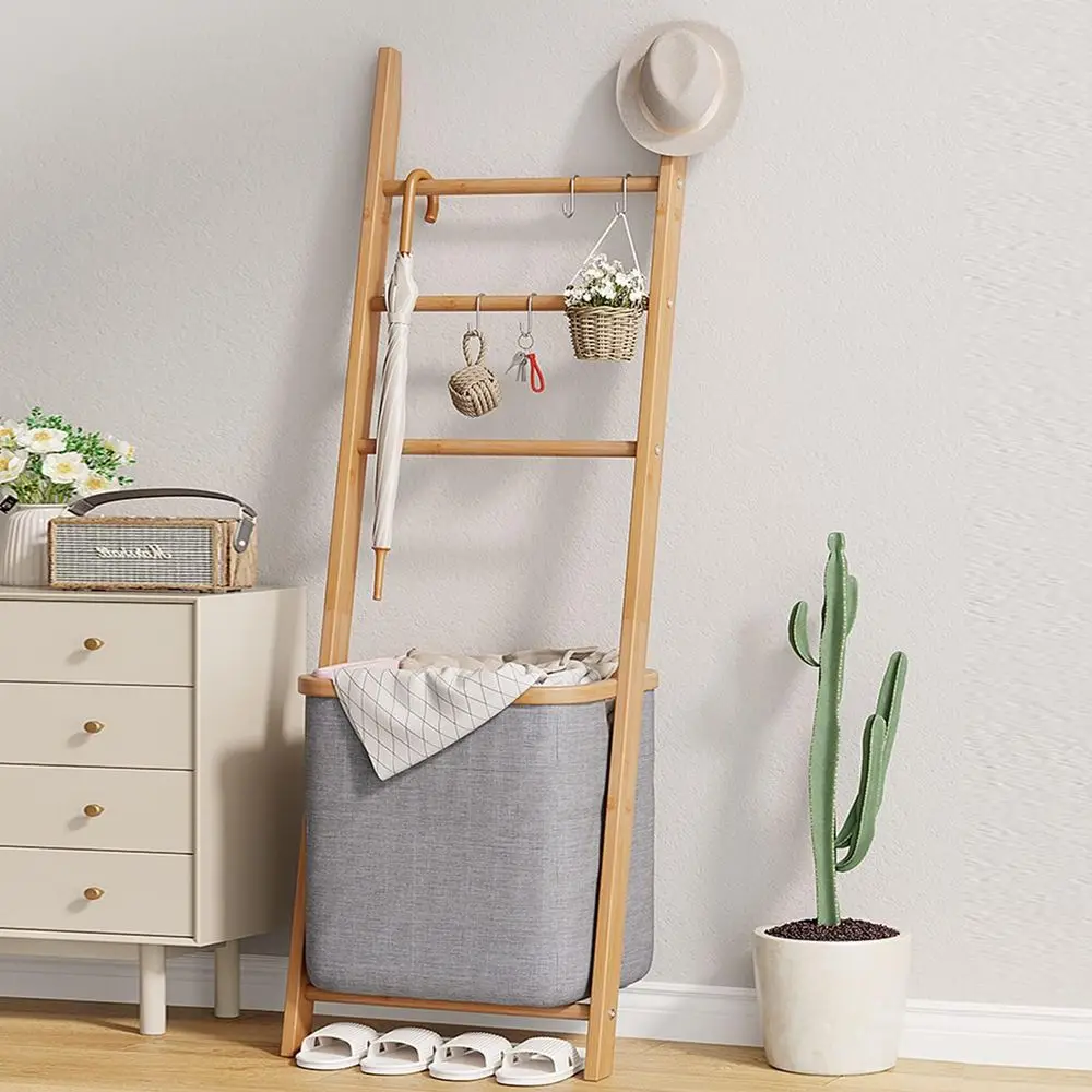 

Grey Bamboo Towel Rack with Storage Basket and Leaning Ladder Shelf for Home Décor