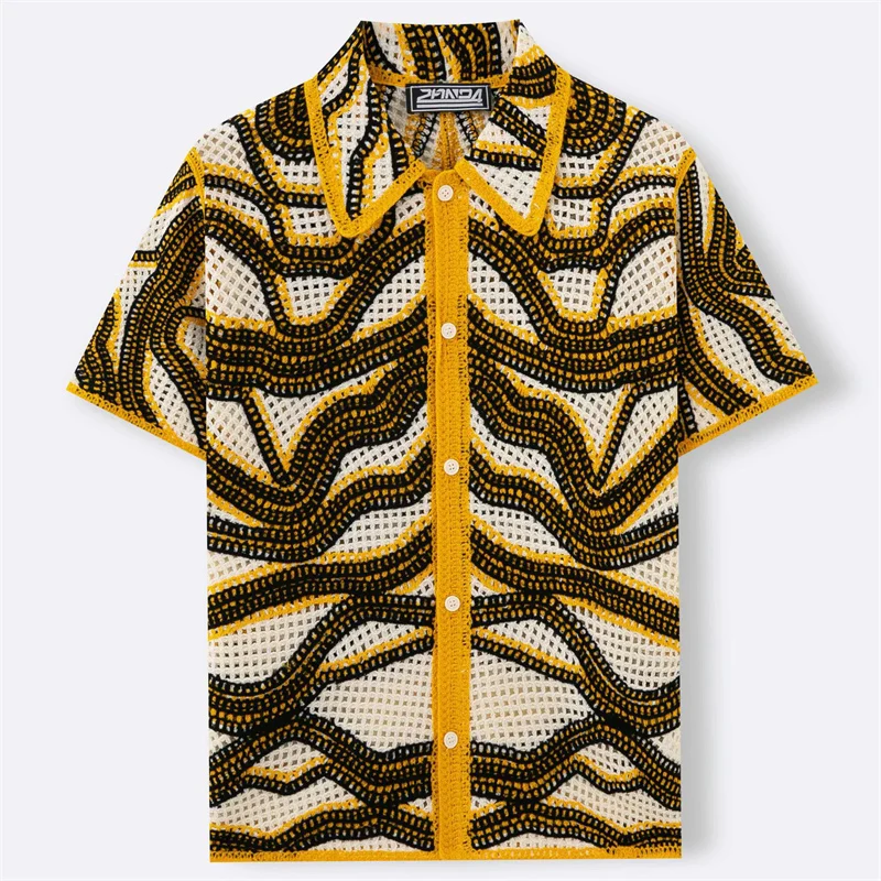 Streetwear Trendy Shirts For Men Short Sleeve Acrylic Loose Fit Summer Top Quality Hollow Out Crochet Knitwear Camisas De Hombre