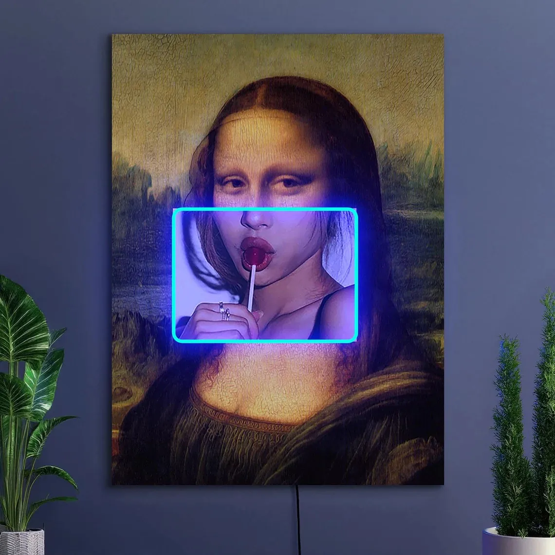 Mona Lisa Neon Effect Painting Art, David Statue Canvas Print, Modern Pop Art Wall Decor, for Living Gamer Room Home Decoration