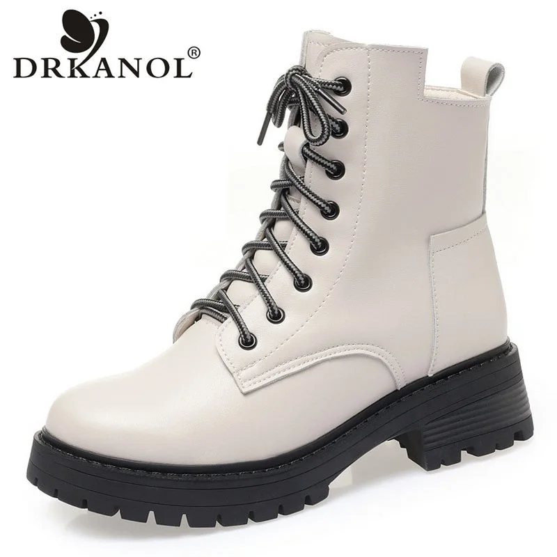 DRKANOL Fashion Women Snow Boots Winter 100% Natural Wool Warm Square Heel Platform Ankle Boots For Women Shearling Fur Shoes