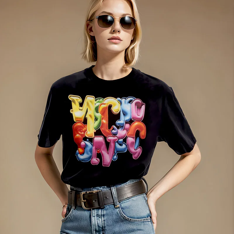 Chun yu yin jia Designer Chic high quality luxury brand letters Pattern 3D Print Short Sleeved t Shirt Black Women tee