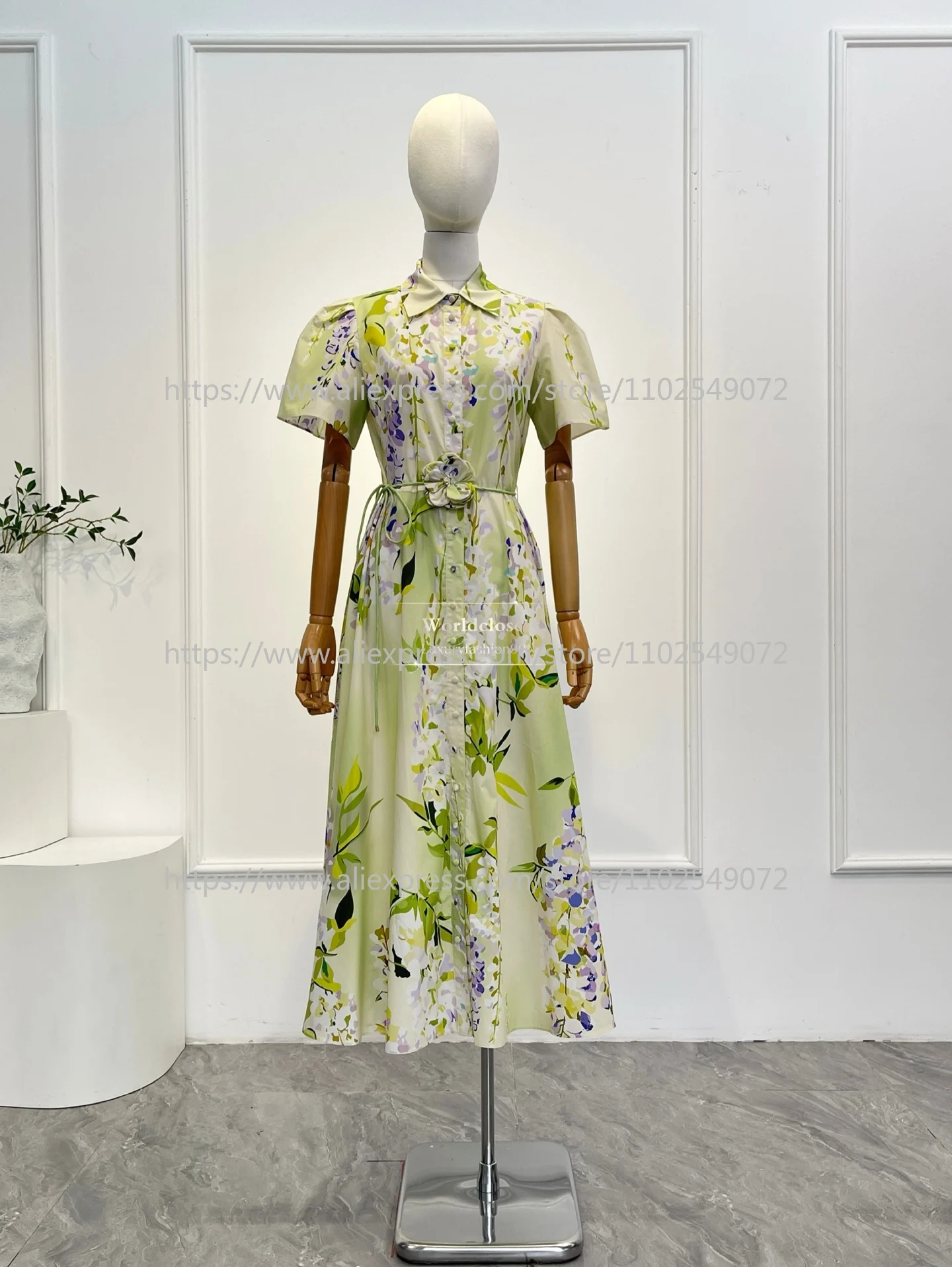 

Spring Summer Cotton 2026 New High Quality Floral Print Short Sleeve Belted Women Midi Dress