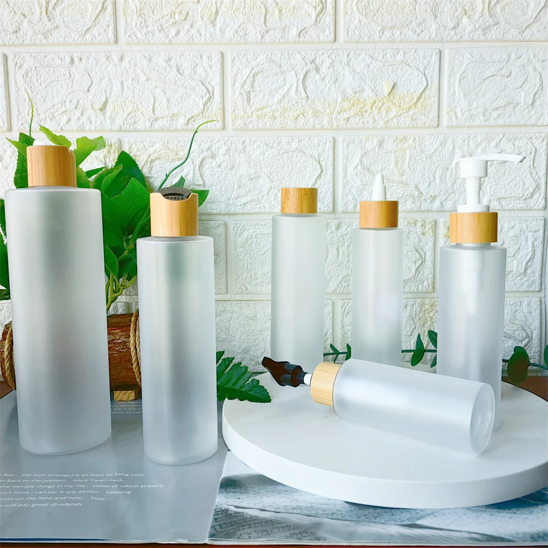 5 pces 100-500ml vazio fosco perfume spray dispensador de sabão pet bomba de plástico recarregável loção toner garrafa de viagem com tampa de bambu