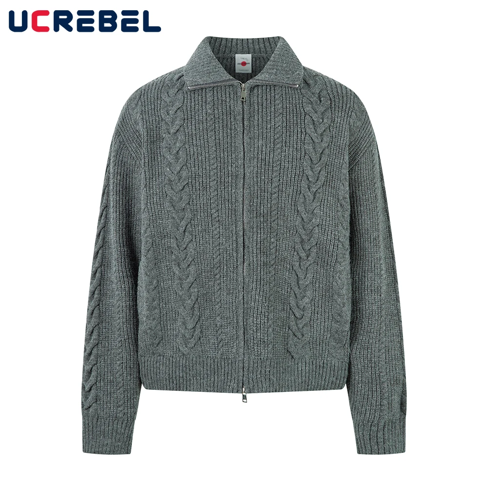 เสื้อสเวตเตอร์คอปกสไตล์เรโทรสำหรับผู้ชาย ฤดูใบไม้ร่วง ฤดูหนาว สไตล์ไฮสตรีท ทรงหลวม แขนยาว ถักนิตติ้ง เสื้อคลุมสำหรับผู้ชาย