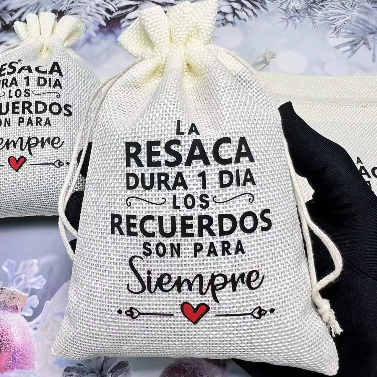 5 Stück/Los Hochzeits-Katerbeutel Hochzeitsgeschenke für Gäste Party-Geschenkverpackung Cremefarbener Imitationshanf-Seilbeutel Kleiner Stoffbeutel Spezifikation 13*18cm