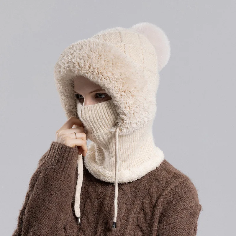 Wintermütze aus Samt gestrickter Wolle, Damen-Gehörschutzmütze, Maske, Schal, integrierte warme Kapuze