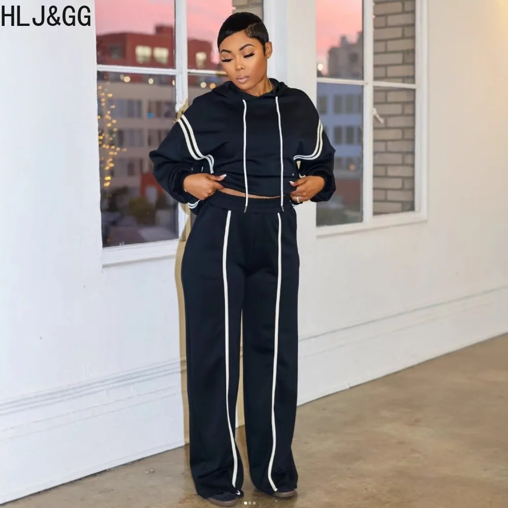 HLJ&GG Autumn Winter Stripe Patchwork Hooded Two Piece Sets Women Long Sleeve Top And Pants Outfits Casual Solid 2pcs Clothing