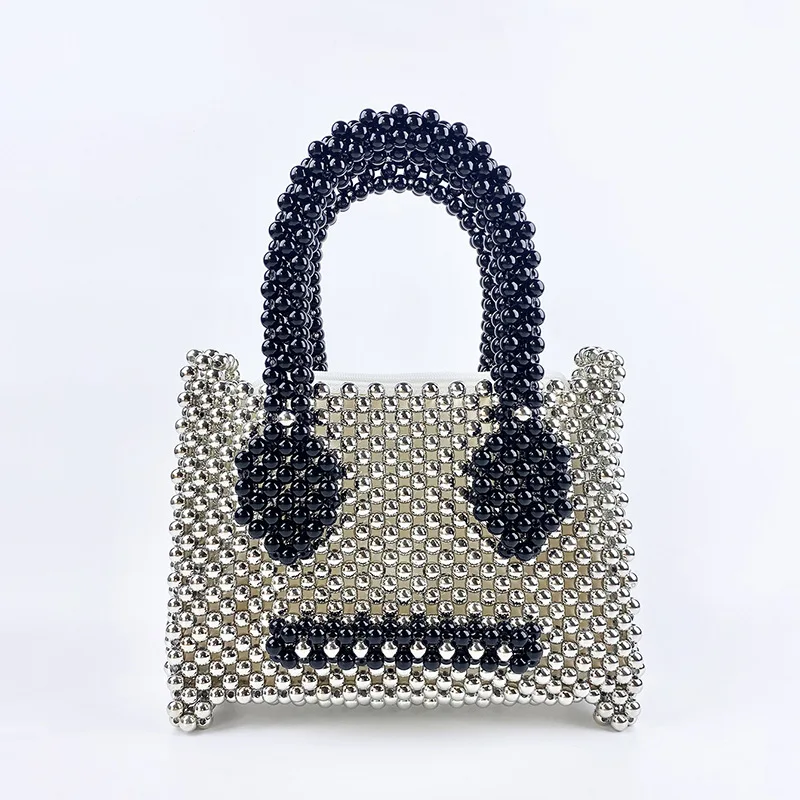 

Customized New Fashion Personalized Black Silver Pearl Expression Handheld Small Square Bag Handwoven Acrylic Beaded Handbag