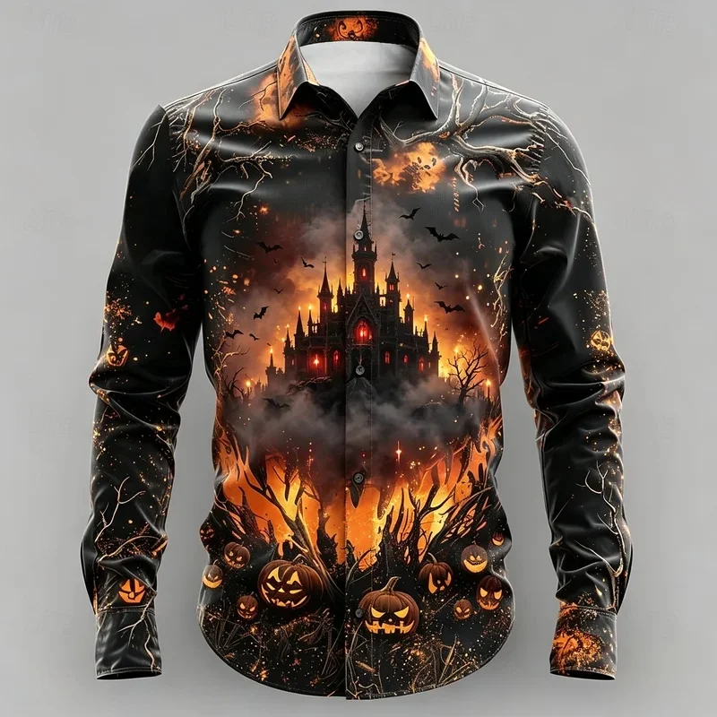 Men's Castle Pumpkin Bat Flame Print Long Sleeve Shirt Lapel Button Down Tops For Halloween Party Street Cosplay Outfit