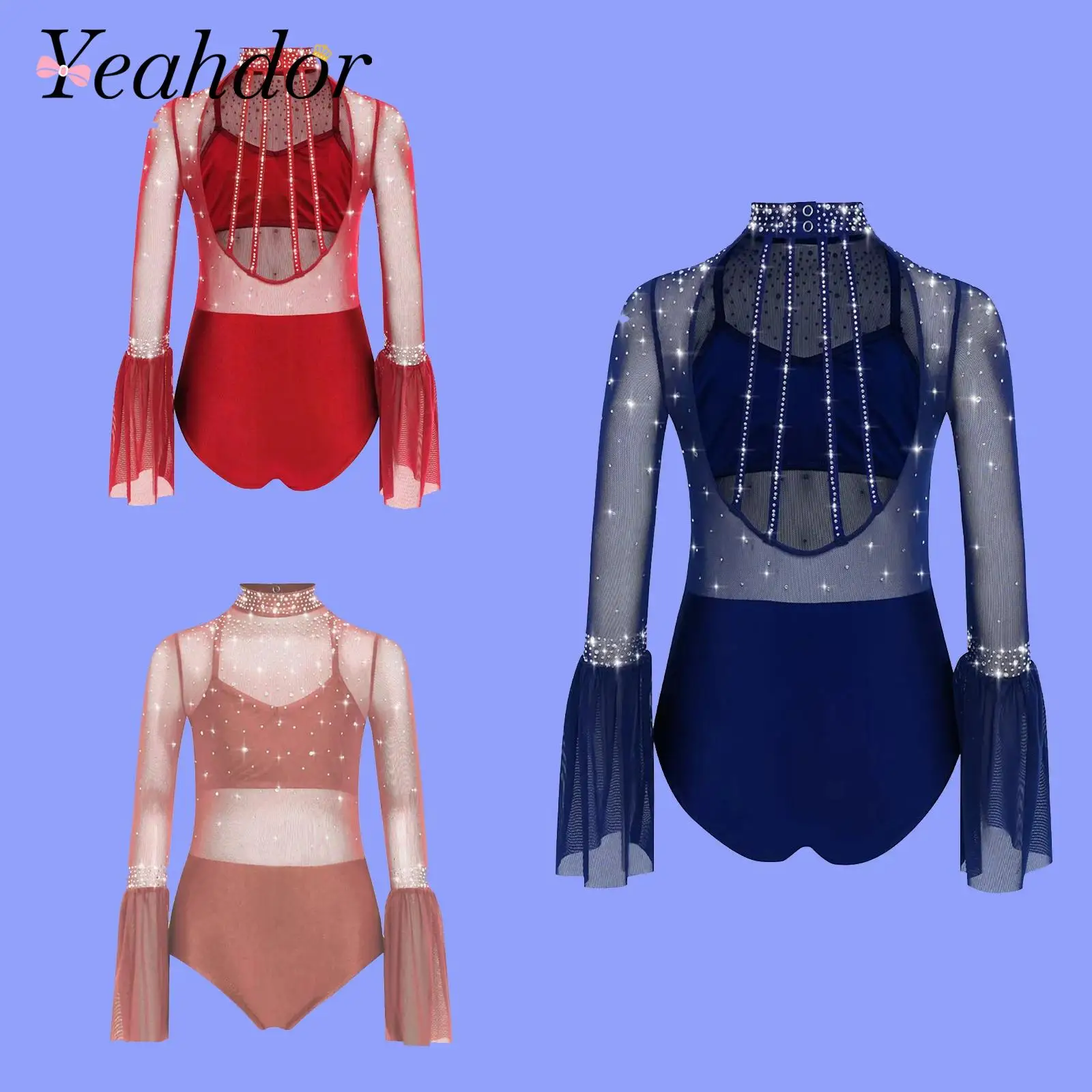 Girls Figure Skating Dance Leotard Children's Jumpsuit Rhinestone Flare Sleeve Sheer Mesh Yoga Gymnastics Bodysuit Dancewear