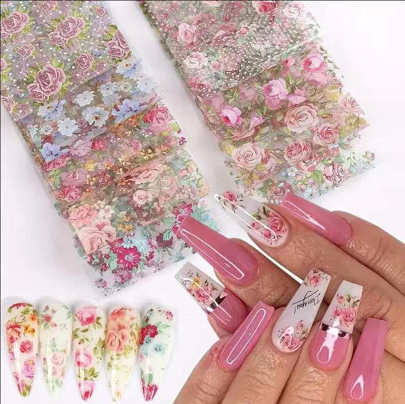10-Piece Mixed Color Nail Transfer Sticker Set, Rose Design, Floral Starry Sky Nail Decoration, Wedding Summer Nail Decoration