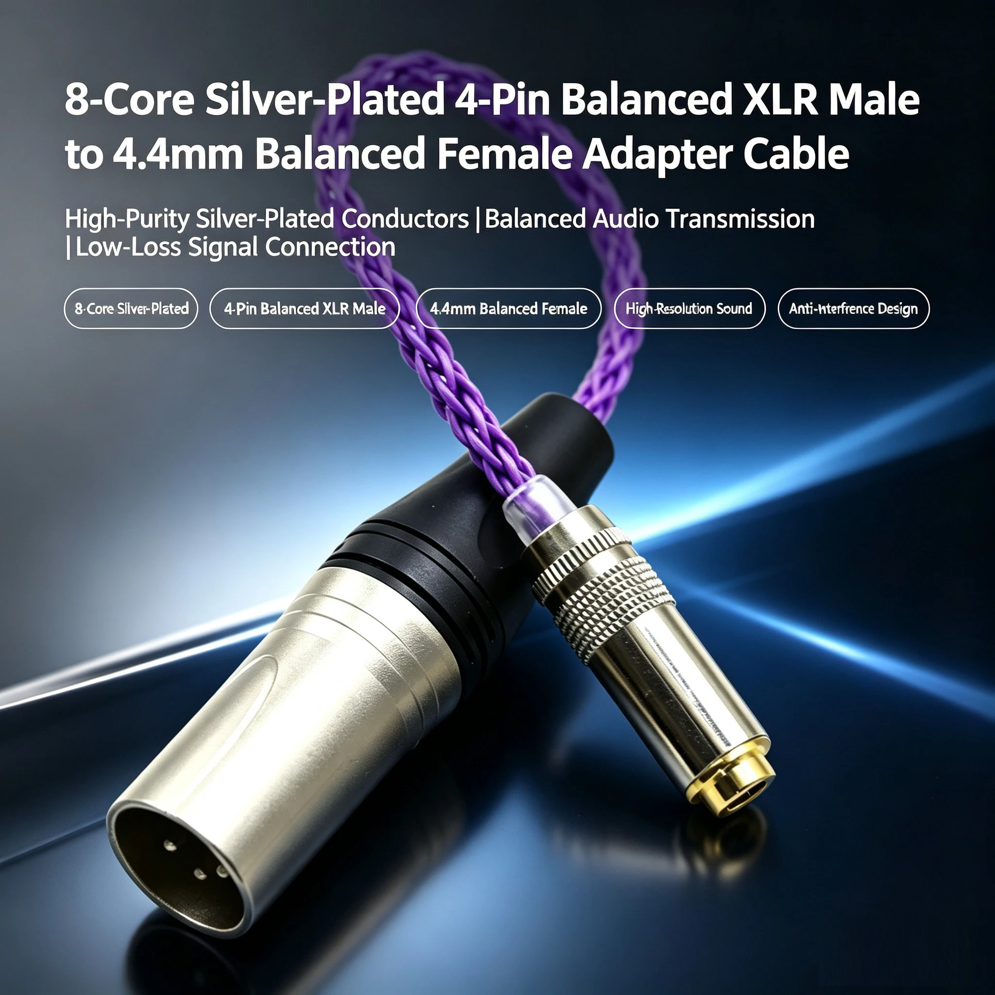 Purple 8Core 4Pin Balanced XLR Male to 4.4mm Balanced Female Audio Adapter Cable