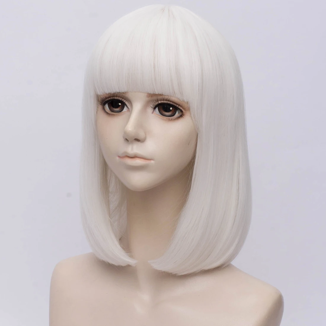 Parrucca bianca cosplay per feste di Halloween da donna corta dritta con frangia in fibra sintetica resistente al calore