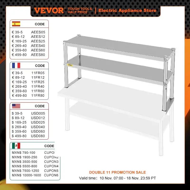 

VEVOR Stainless Steel Kitchen Work Table Professional 7 Types Double Overshelf Adjustable Lower Shelf Use for Home Commercial