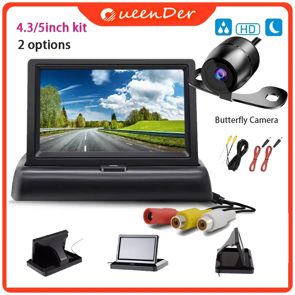 QueenDer 4.3/5” Folding Car Rearview HD LCD Video Parking System Car Rearview Butterfly Camera Truck Lorry RV Reversing Camera